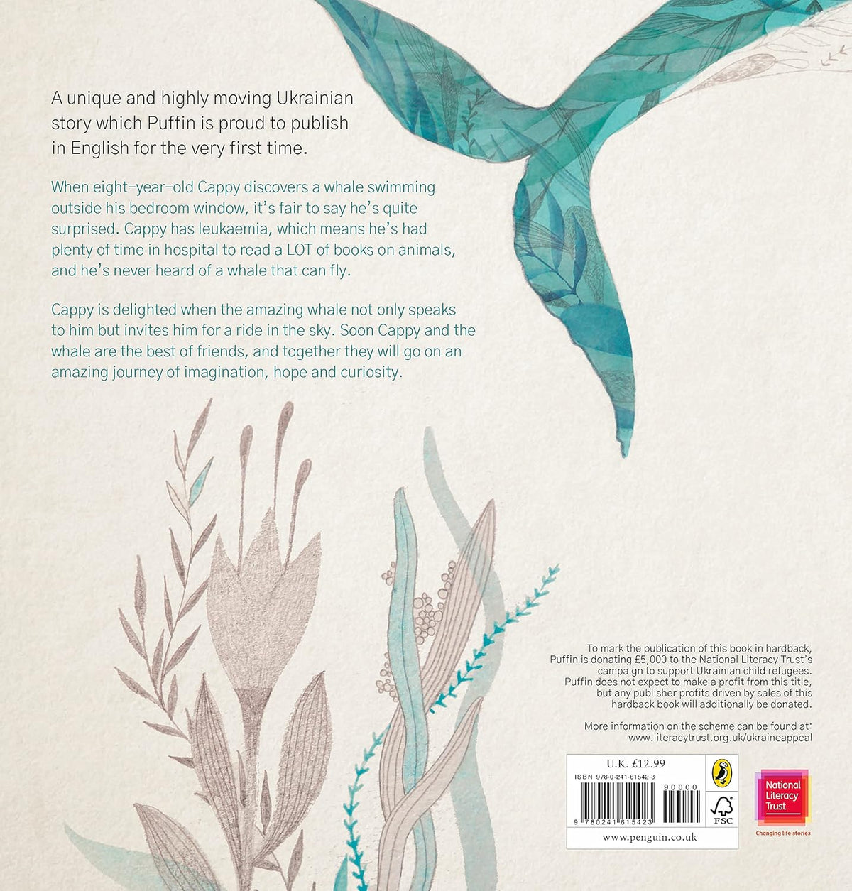 Back cover of the children's book 'Cappy and the Whale' published by Penguin Books, featuring a whimsical illustration of a teal whale swimming among stylized pink and green seaweed on a textured off-white background.