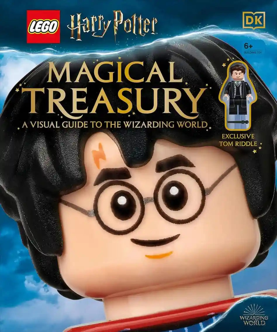 Cover of LEGO Harry Potter Magical Treasury book with a LEGO figure of Harry Potter on a blue sky background.