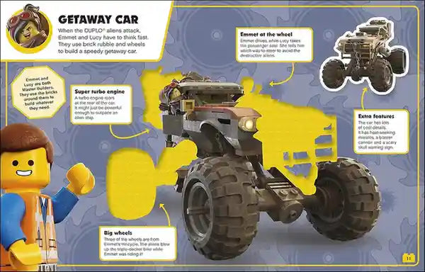 Illustration of a getaway car with text and graphics on a blue background