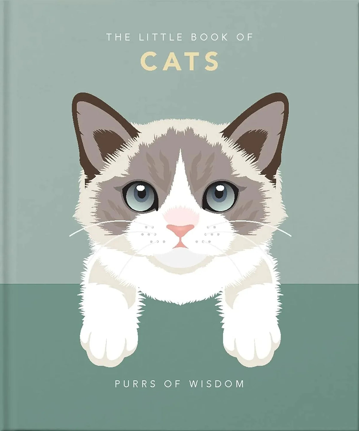Book cover with a cat illustration and text 'The Little Book of Cats: Purrs of Wisdom' on a green background