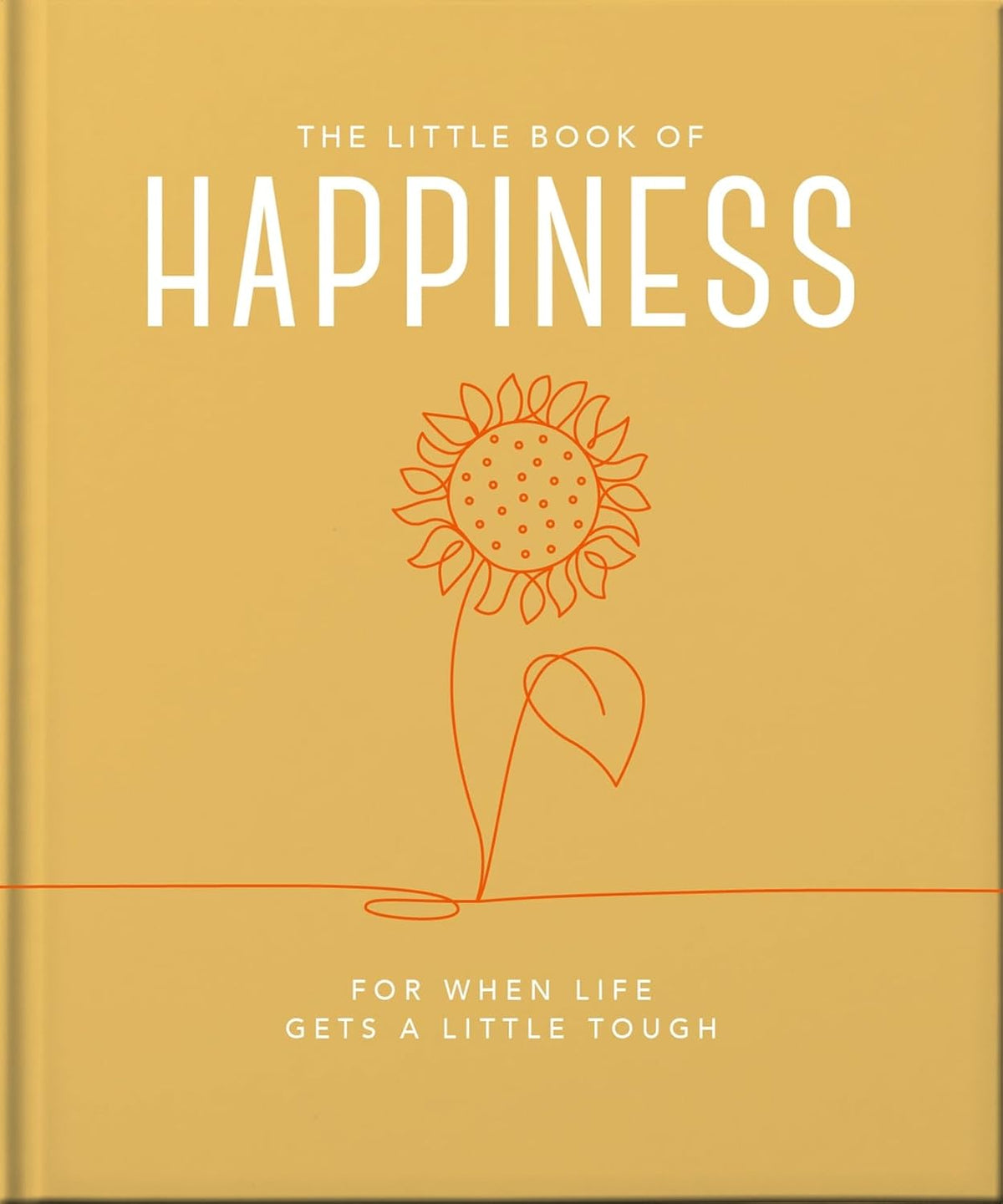 Book titled 'The Little Book of Happiness' with a sunflower illustration on a beige background