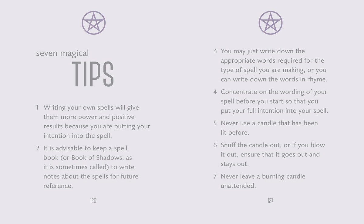 A light gray page with two columns of black text titled 'seven magical TIPS' and seven numbered spell-making tips, with small circular star-like symbols above the headings.