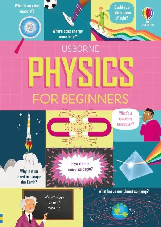Book cover of 'Usborne Physics for Beginners' with colorful illustrations and text.
