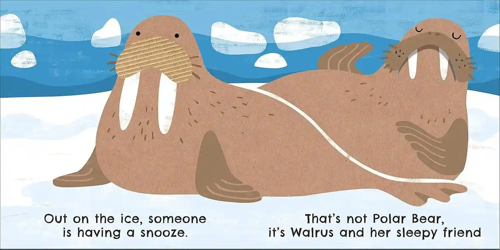Cartoon illustration of a walrus and a polar bear on ice with text underneath.