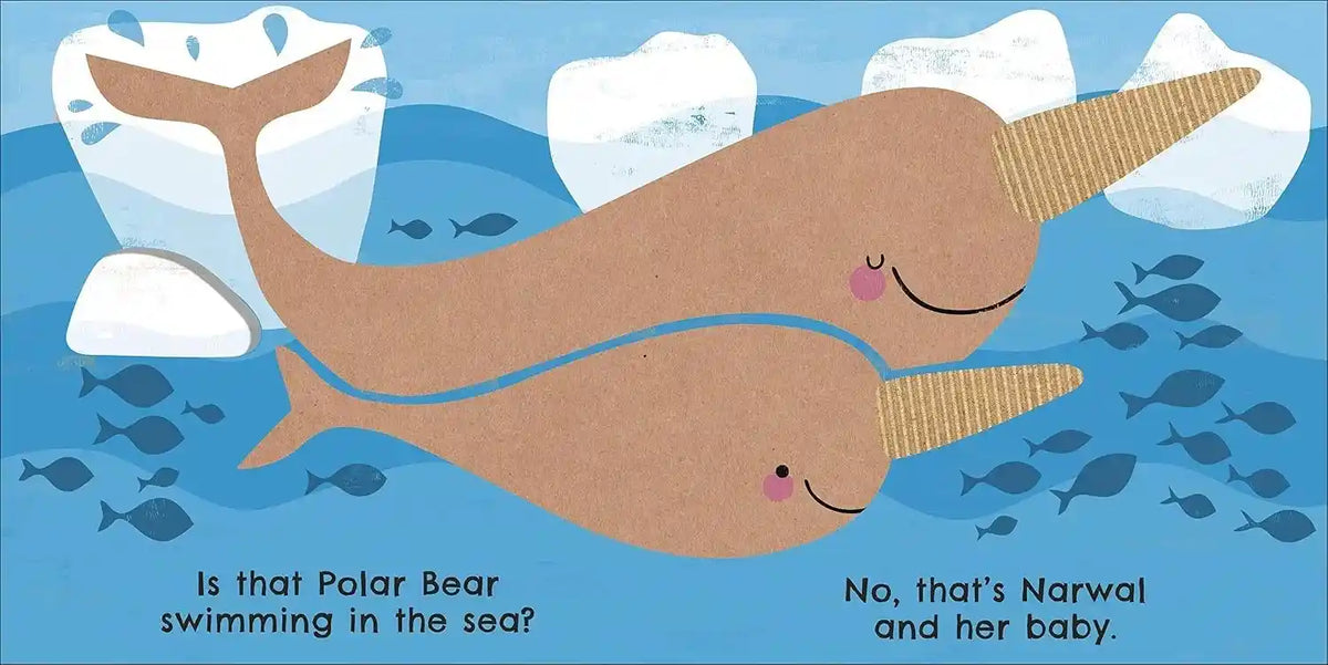 Illustration of two narwals swimming in the sea with icebergs and fish.