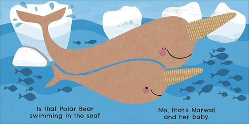 Illustration of two narwals swimming in the sea with icebergs and fish.