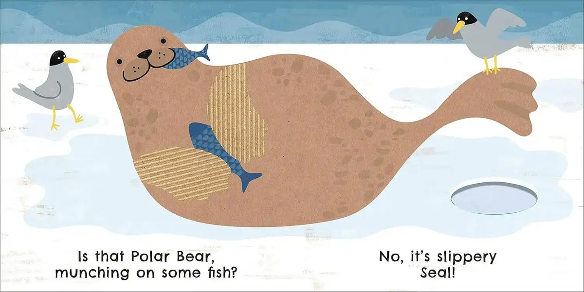 Illustration of a seal with fish and birds on a snowy background